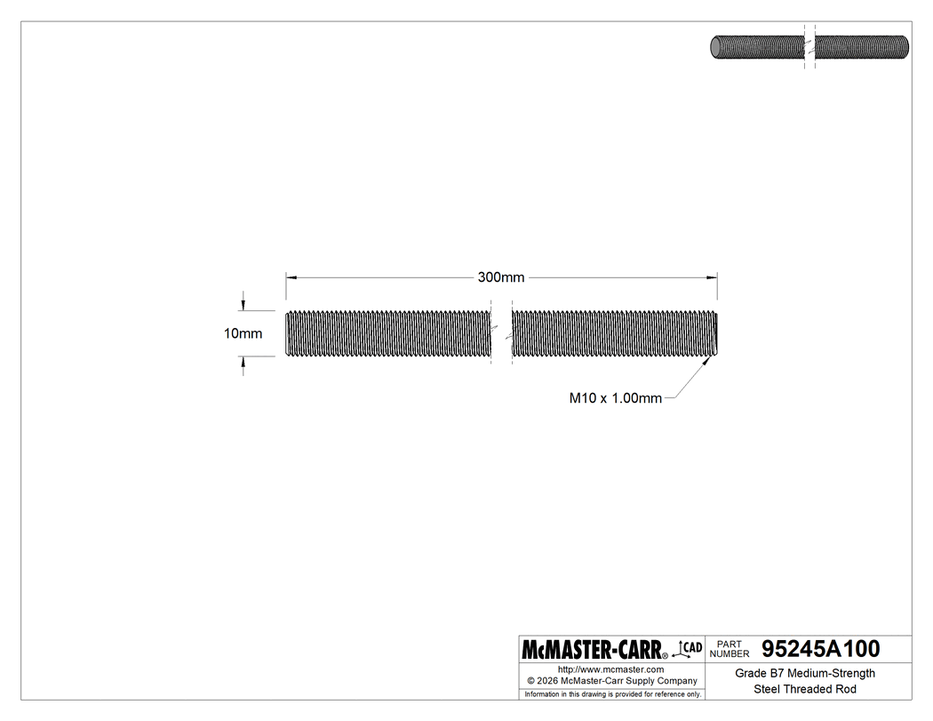 Technical Drawing of Grade B7 Medium-Strength Steel Threaded Rod, Fine-Thread, M10 x 1 mm Thread, 300 mm Long.